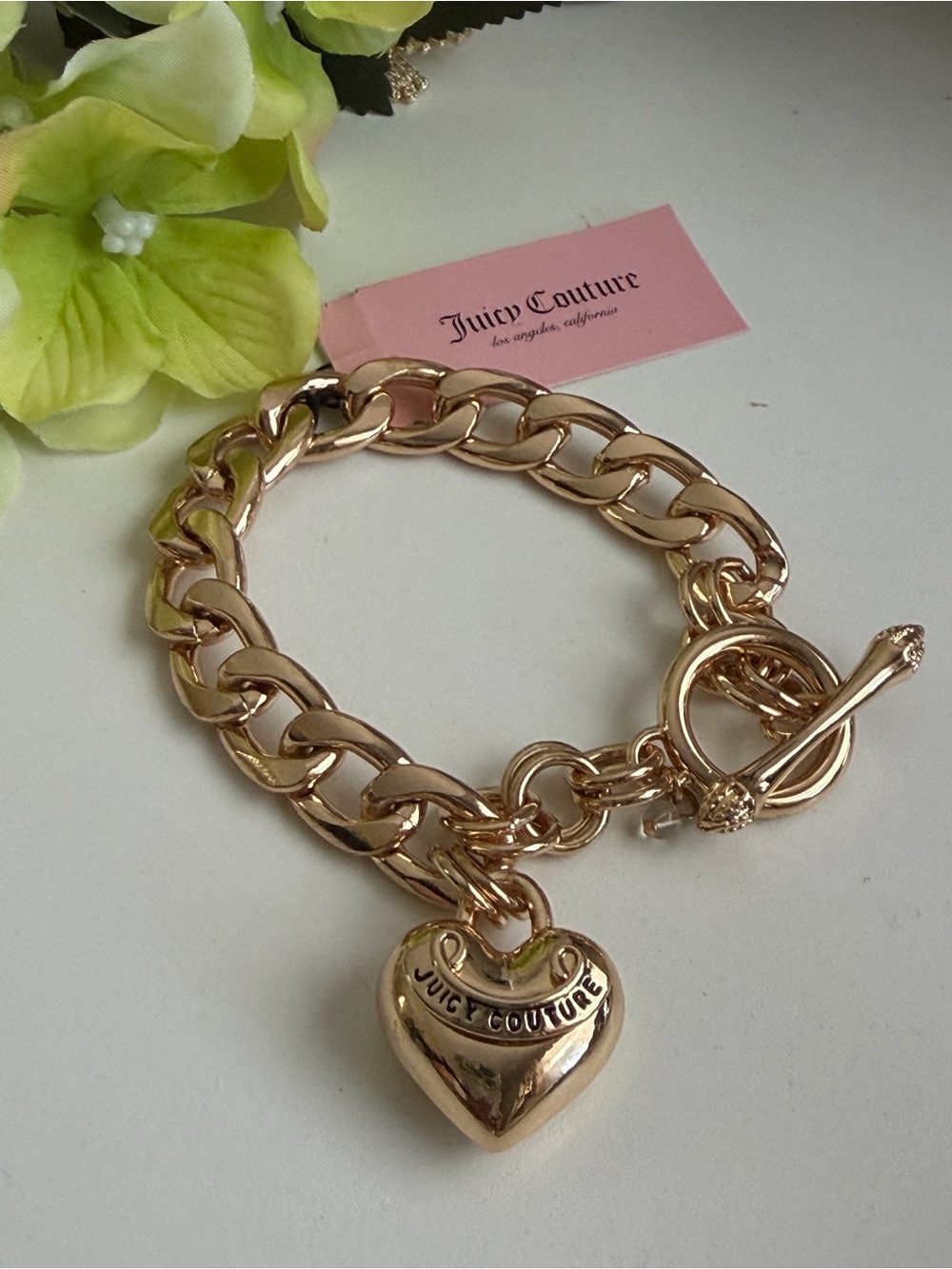 Juicy Couture Rose Gold Curb Chain Bracelet with Heart Charm - Picture 2 of 4